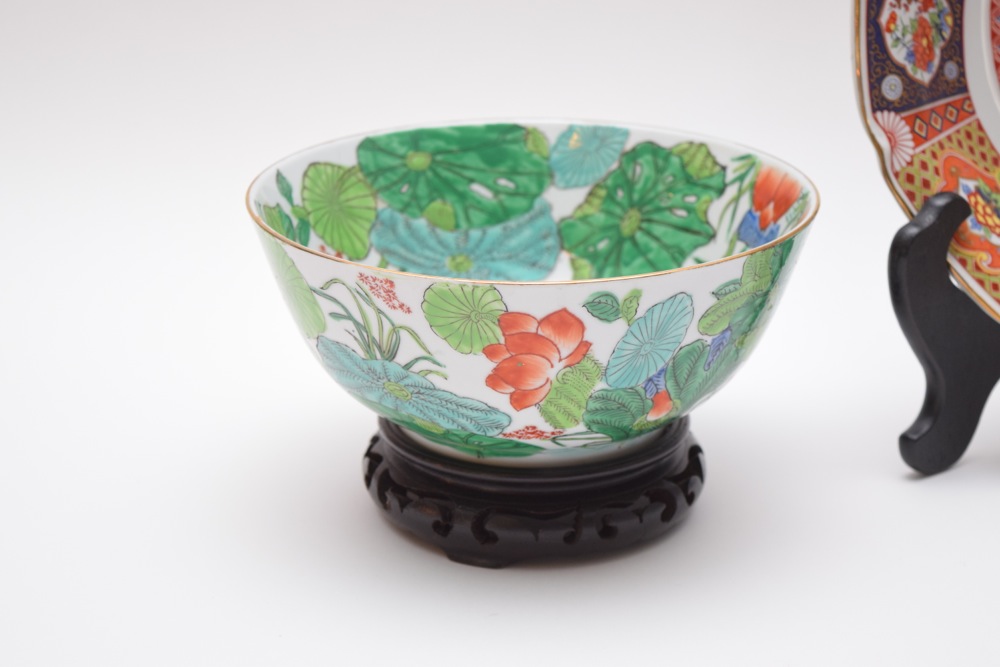 Pair of Asian Inspired Porcelain Bowls and Four Sake Cups