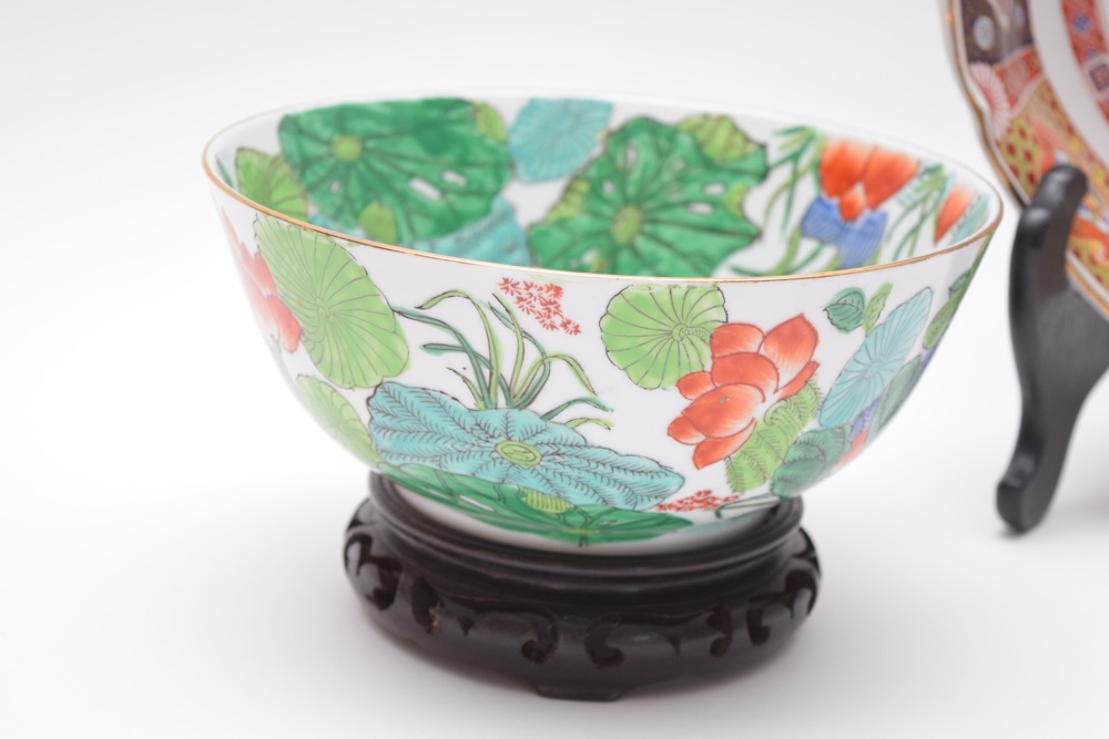 Pair of Asian Inspired Porcelain Bowls and Four Sake Cups