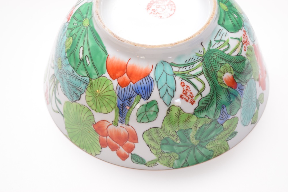 Pair of Asian Inspired Porcelain Bowls and Four Sake Cups