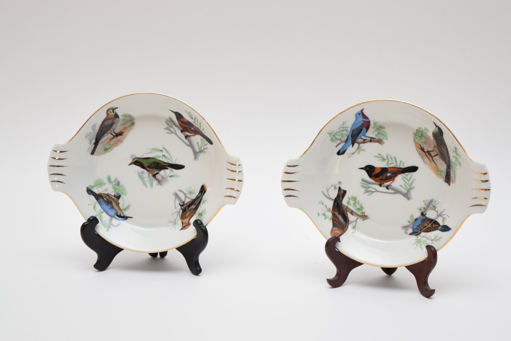 Pair of French Porcelain Songbird Dishes