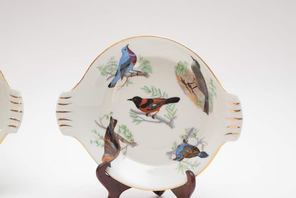 Pair of French Porcelain Songbird Dishes