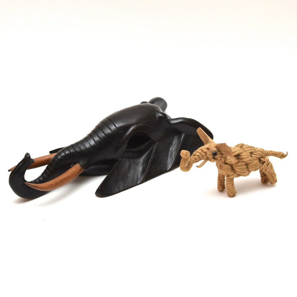 Carved Babanki African Elephant Mask and Elephant Jute Sculpture