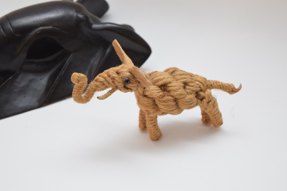 Carved Babanki African Elephant Mask and Elephant Jute Sculpture