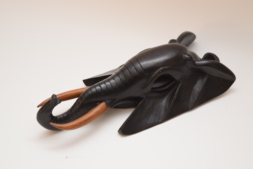 Carved Babanki African Elephant Mask and Elephant Jute Sculpture