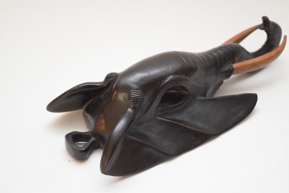 Carved Babanki African Elephant Mask and Elephant Jute Sculpture