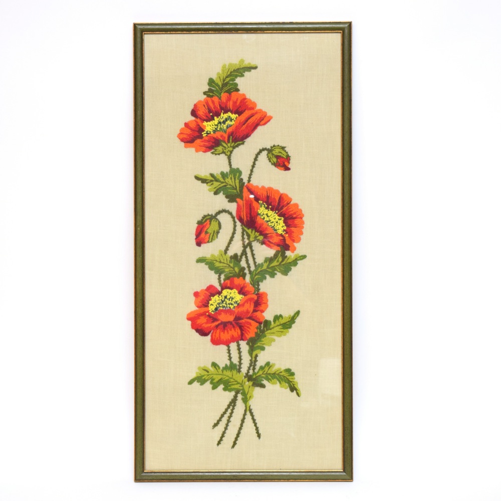 Framed Orange Poppy Themed Crewel Embroidery on Linen