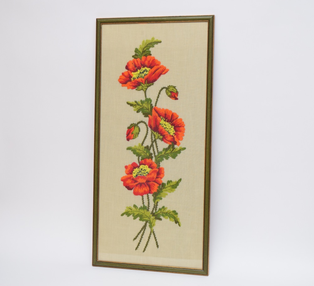 Framed Orange Poppy Themed Crewel Embroidery on Linen
