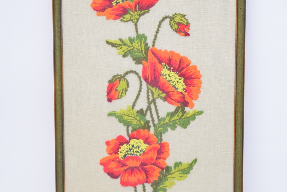 Framed Orange Poppy Themed Crewel Embroidery on Linen
