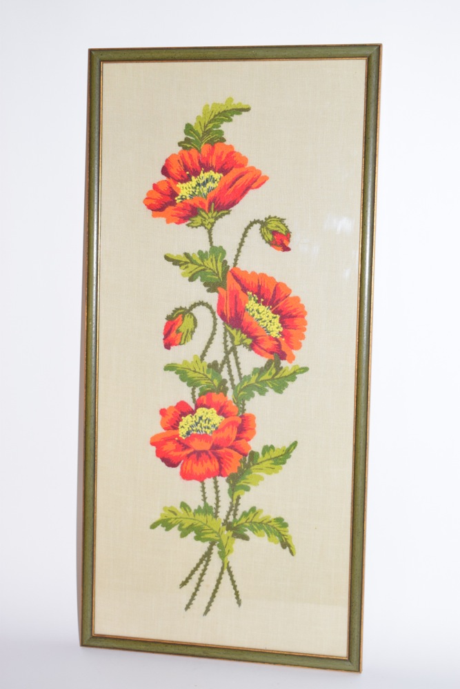 Framed Orange Poppy Themed Crewel Embroidery on Linen