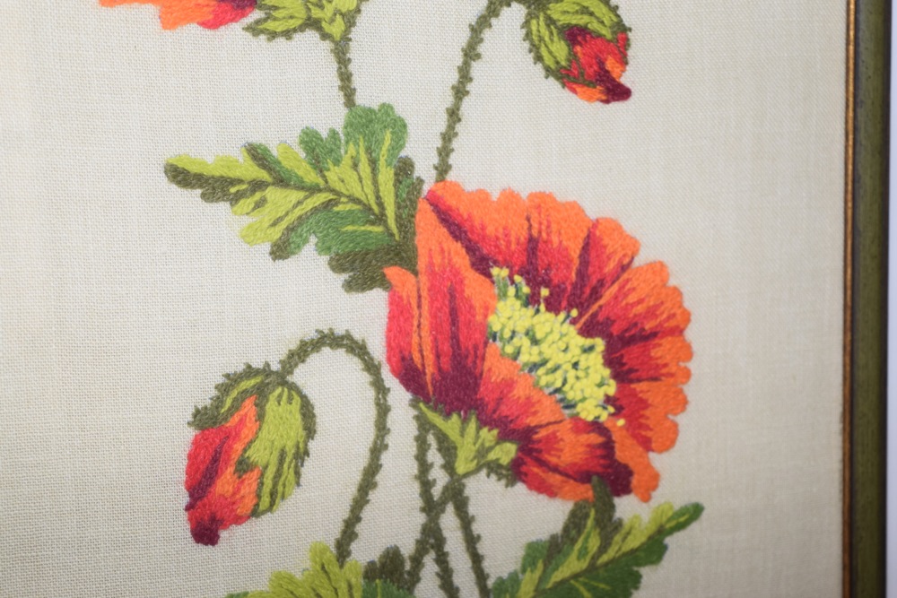 Framed Orange Poppy Themed Crewel Embroidery on Linen