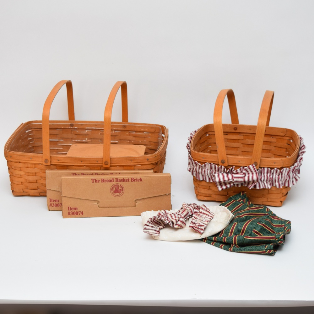 Two Large Longaberger Baskets, Two Bread Basket Sticks, Liners and Dressings