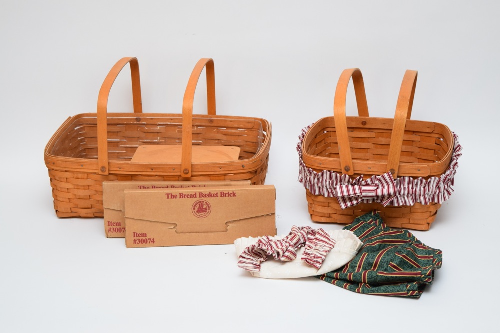Two Large Longaberger Baskets, Two Bread Basket Sticks, Liners and Dressings