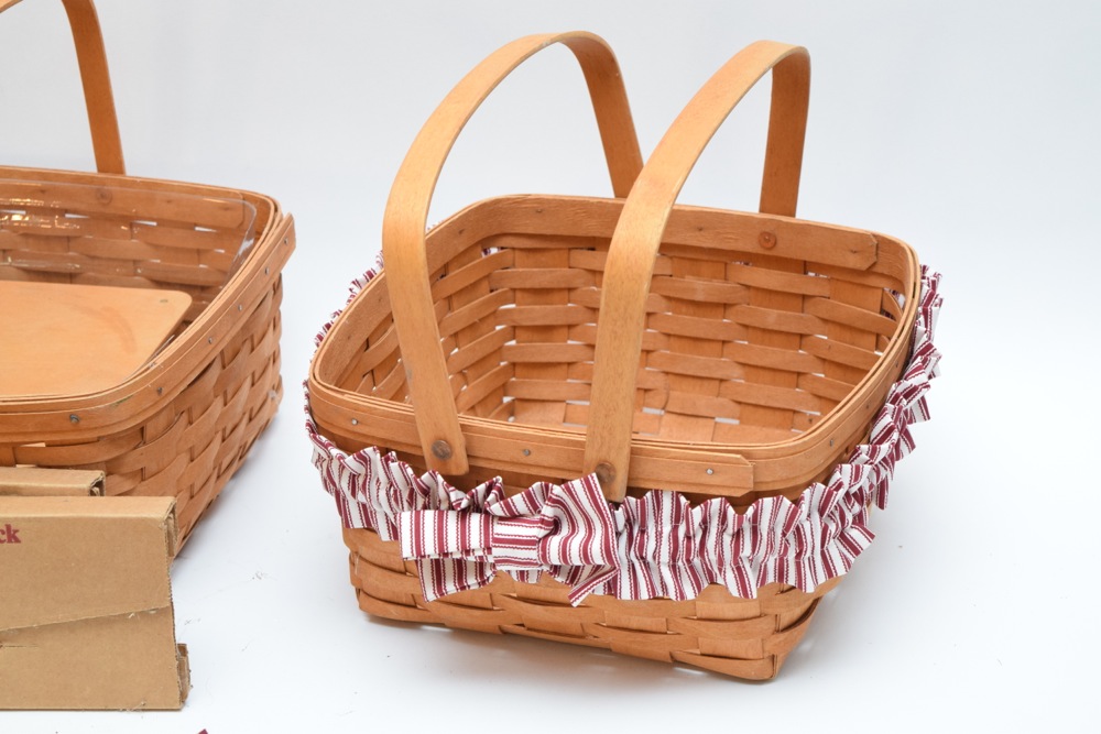 Two Large Longaberger Baskets, Two Bread Basket Sticks, Liners and Dressings