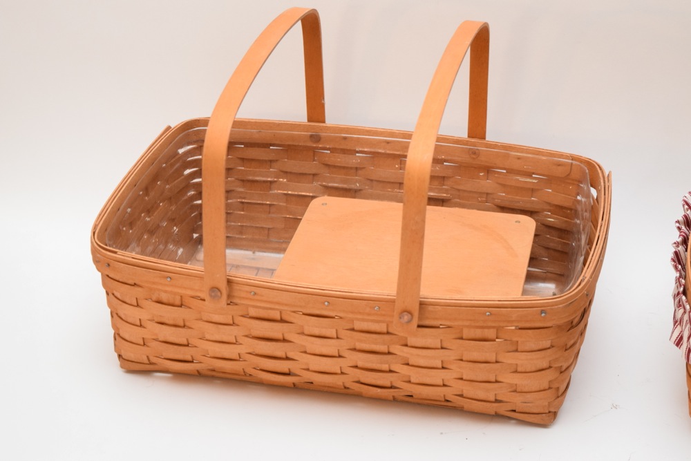 Two Large Longaberger Baskets, Two Bread Basket Sticks, Liners and Dressings