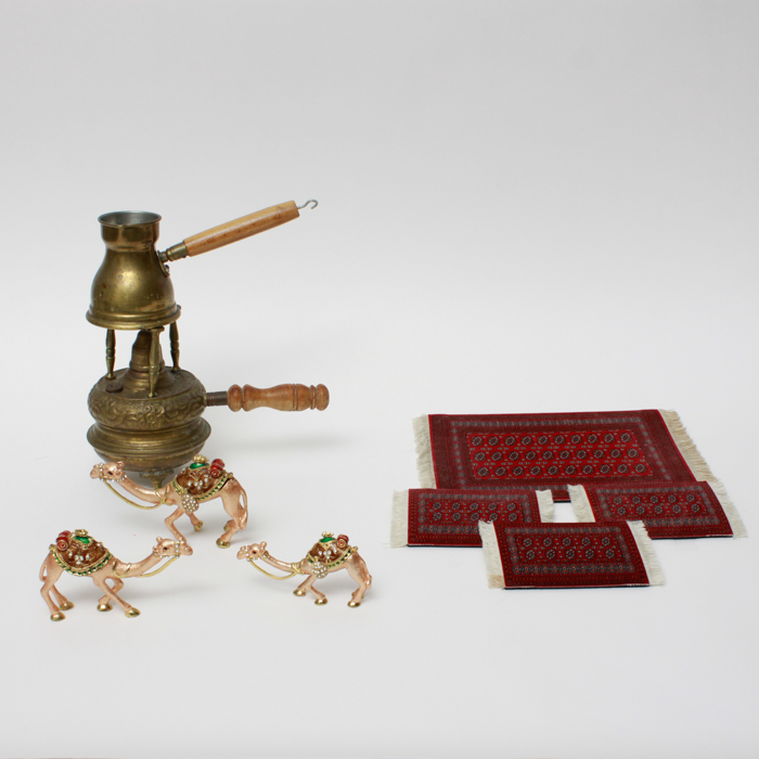 Oil Wick Coffee Pot, Camel Trinket Boxes, and Novelty Rug Coasters