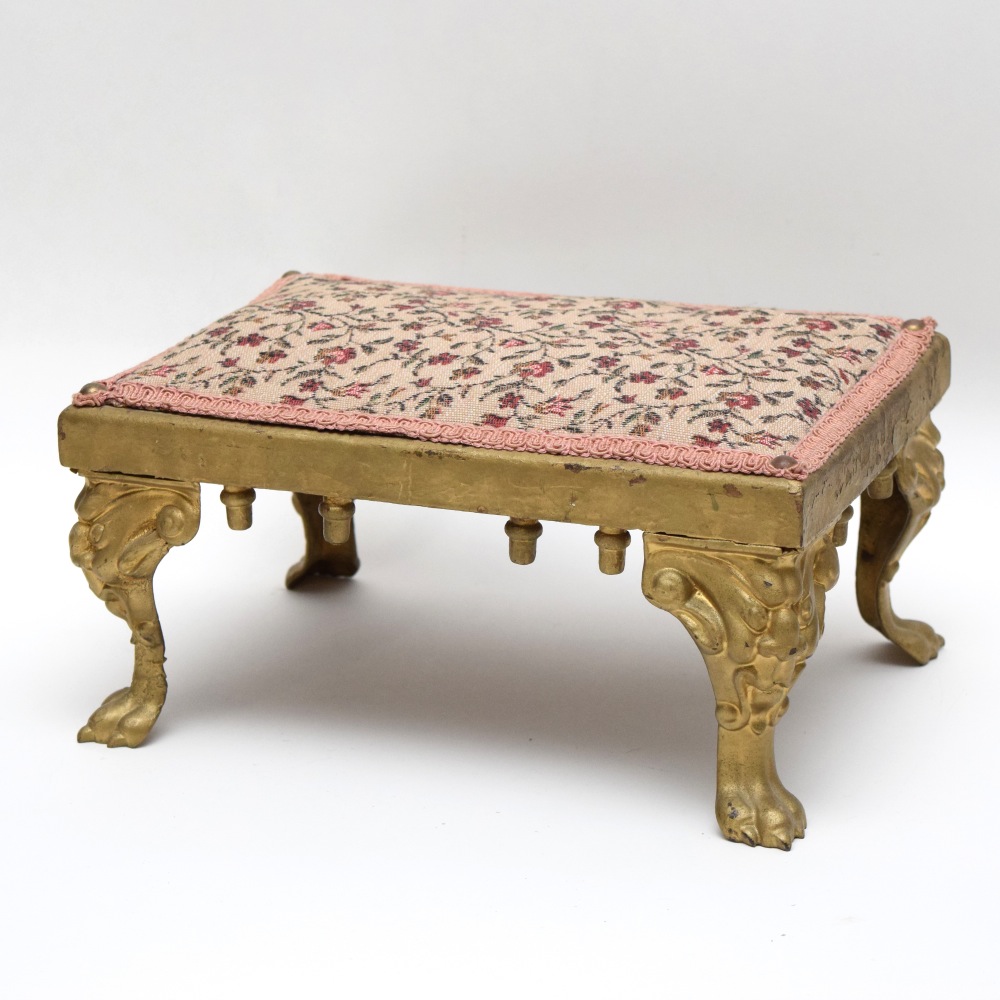 Antique Cast Iron and Upholstered Footstool