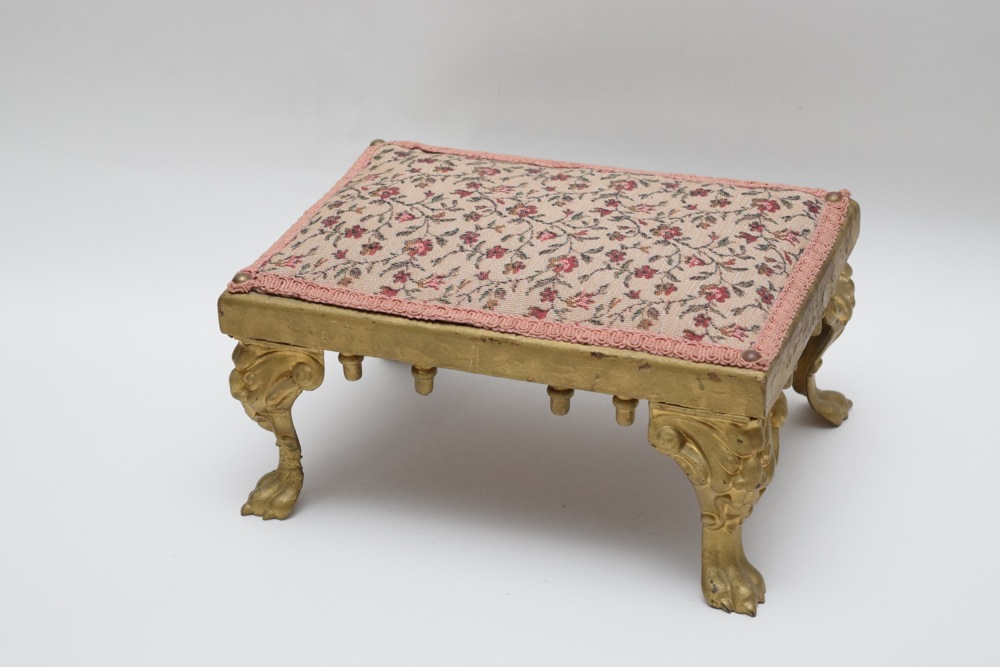 Antique Cast Iron and Upholstered Footstool