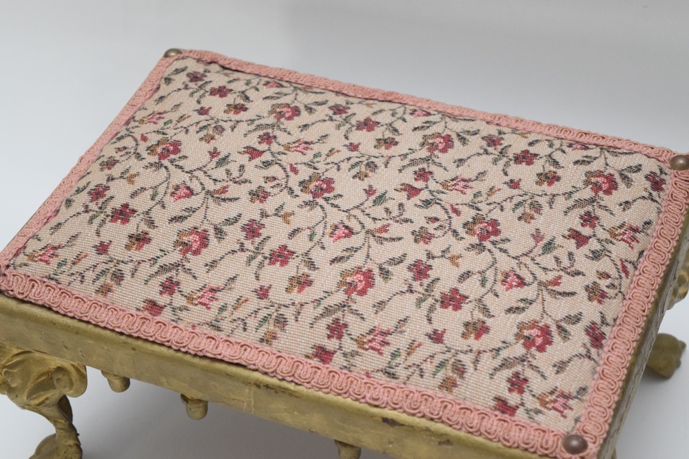 Antique Cast Iron and Upholstered Footstool