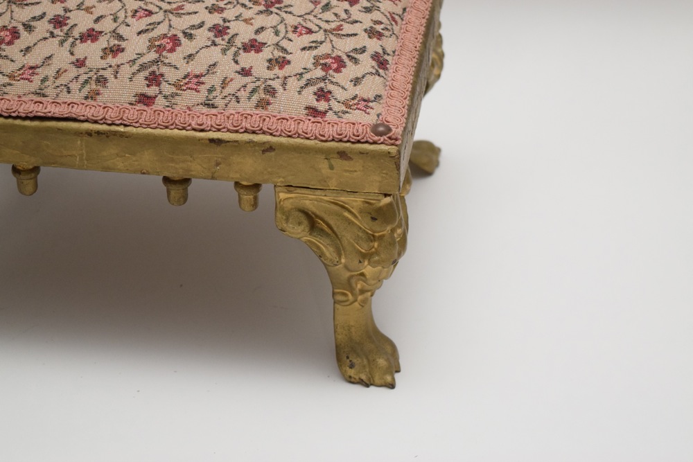 Antique Cast Iron and Upholstered Footstool