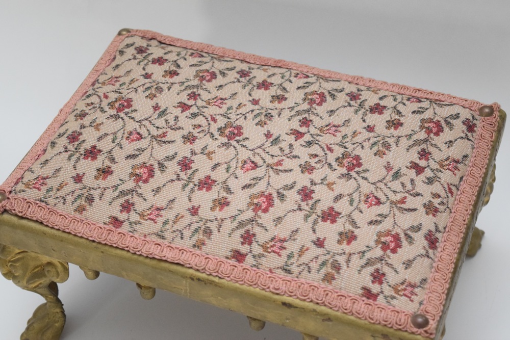 Antique Cast Iron and Upholstered Footstool