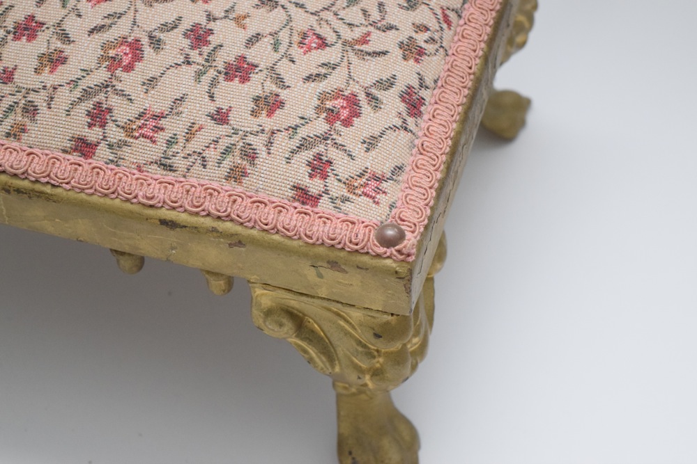 Antique Cast Iron and Upholstered Footstool