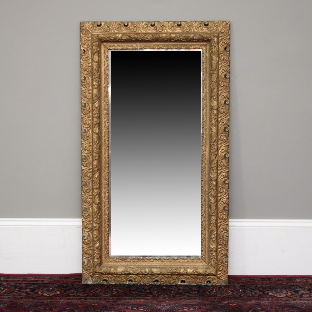 Large Antique Ornately Carved Gilt Beveled Wall Mirror