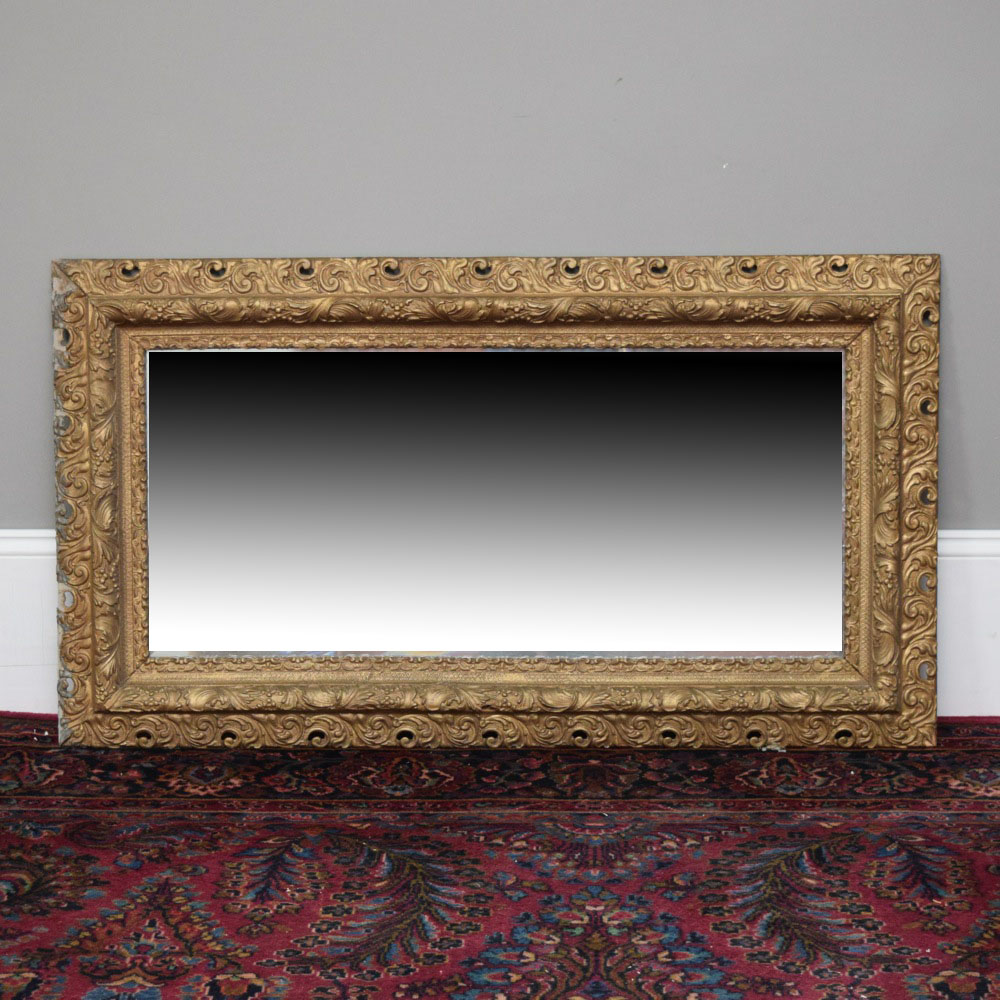 Large Antique Ornately Carved Gilt Beveled Wall Mirror