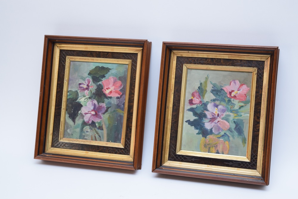 Pair of Acrylic Floral Paintings in Antique Carved Wood Frames