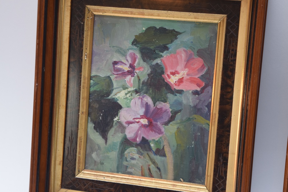 Pair of Acrylic Floral Paintings in Antique Carved Wood Frames