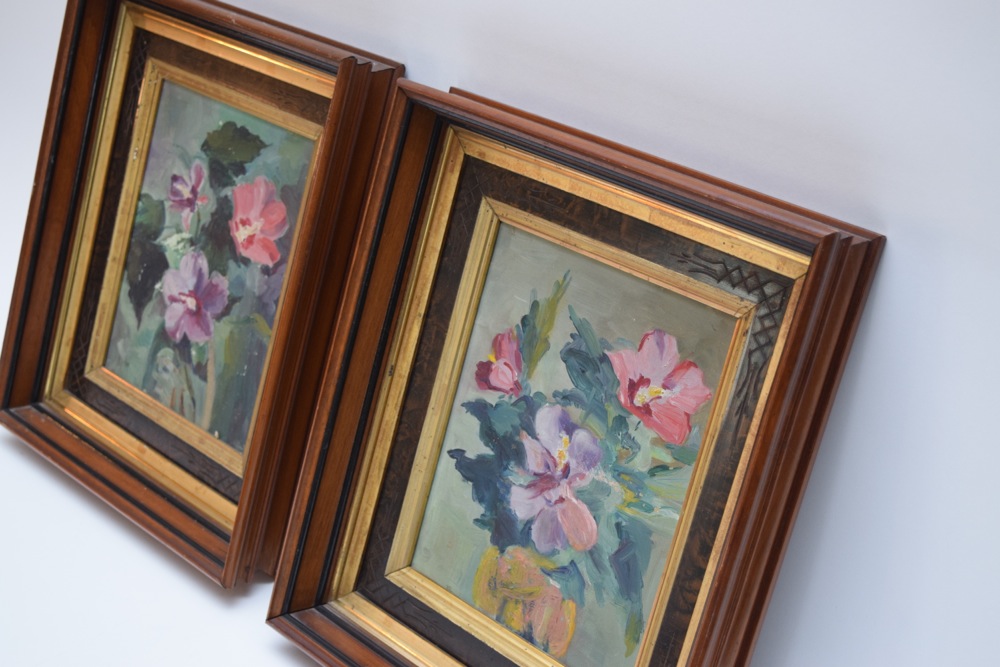 Pair of Acrylic Floral Paintings in Antique Carved Wood Frames