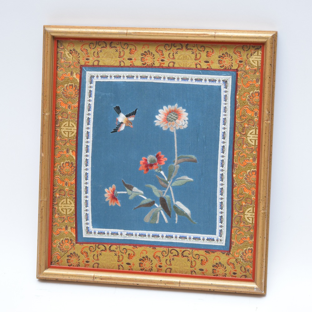 Framed Asian Influenced Silk Embroidered Artwork
