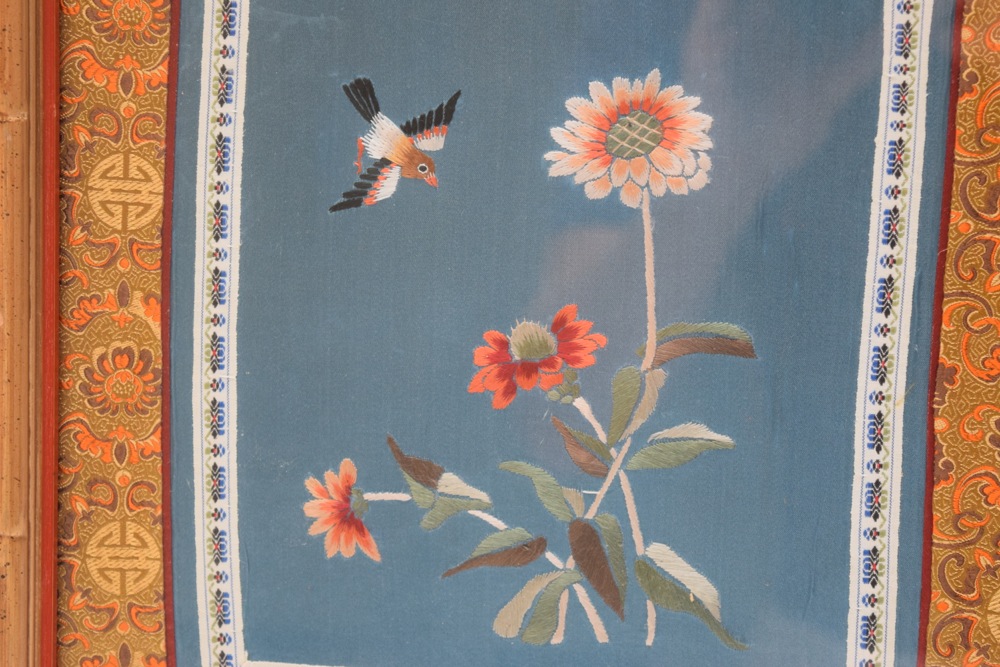 Framed Asian Influenced Silk Embroidered Artwork