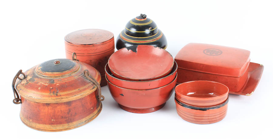 Assortment of Red and Black Decorative Trinket Boxes and Bowls