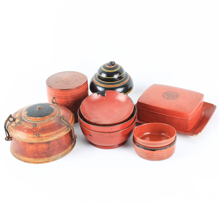 Assortment of Red and Black Decorative Trinket Boxes and Bowls