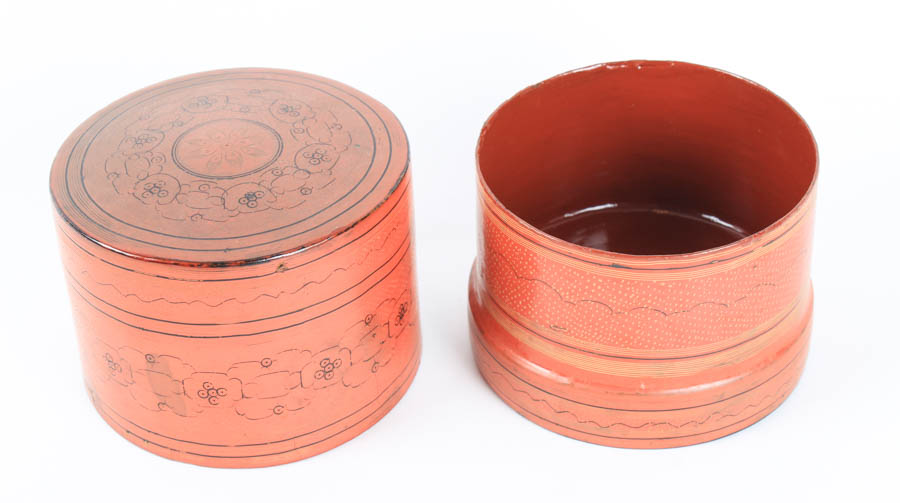 Assortment of Red and Black Decorative Trinket Boxes and Bowls