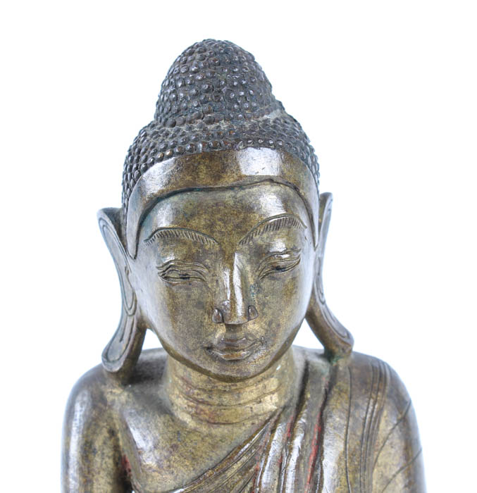 Brass Buddha Shakyamuni Figurine and Wooden Stand