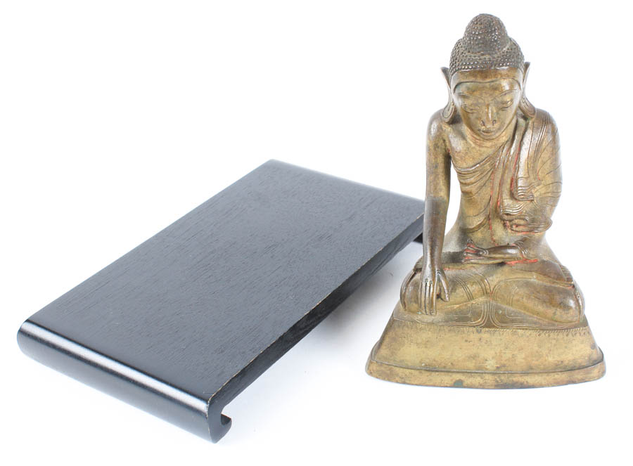 Brass Buddha Shakyamuni Figurine and Wooden Stand