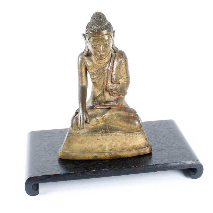 Brass Buddha Shakyamuni Figurine and Wooden Stand