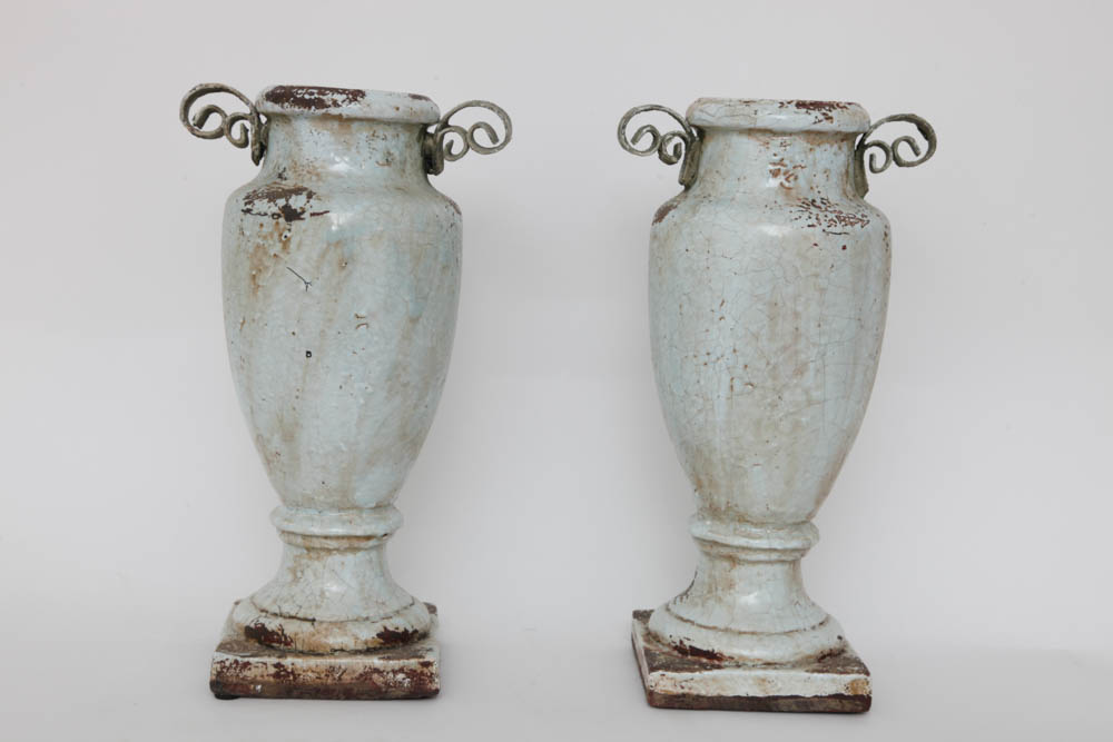 Pair of Enameled Cast Metal Urns