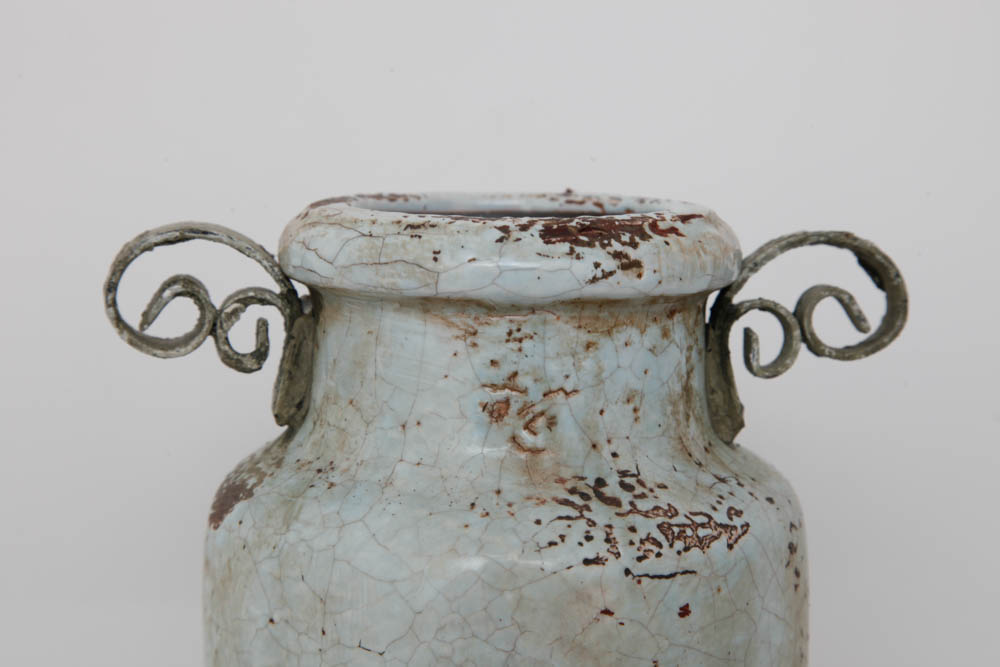 Pair of Enameled Cast Metal Urns