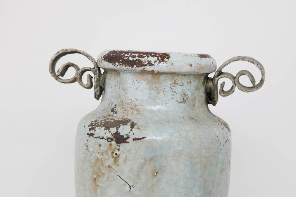 Pair of Enameled Cast Metal Urns