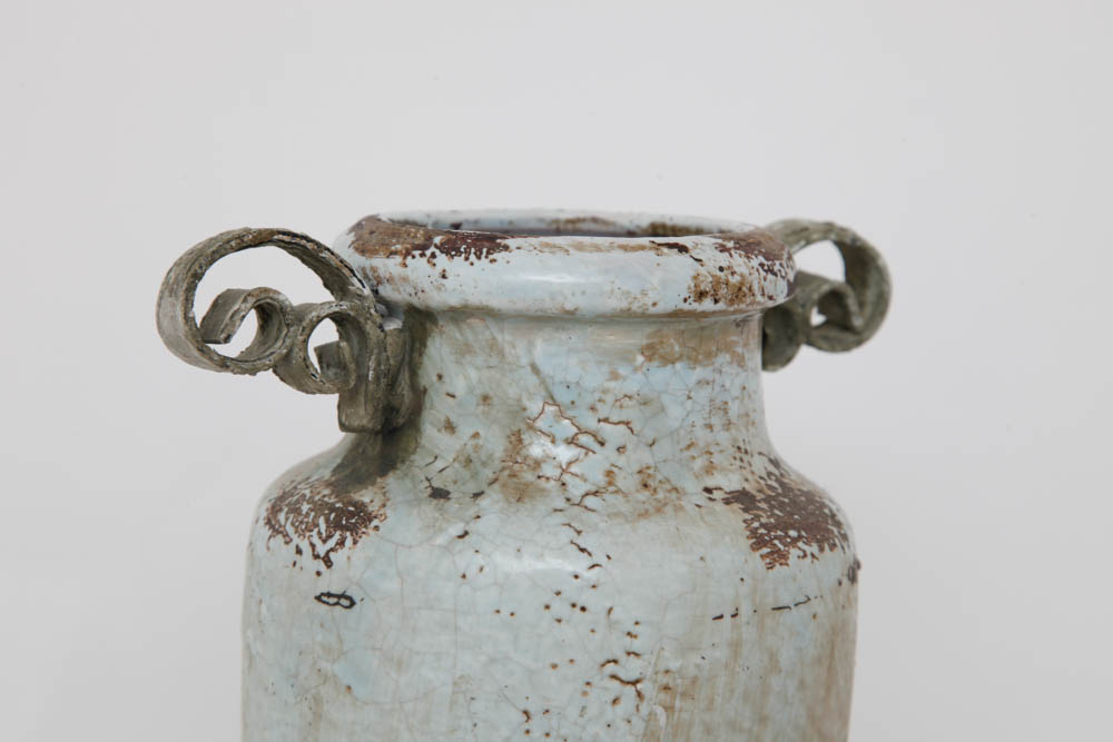 Pair of Enameled Cast Metal Urns