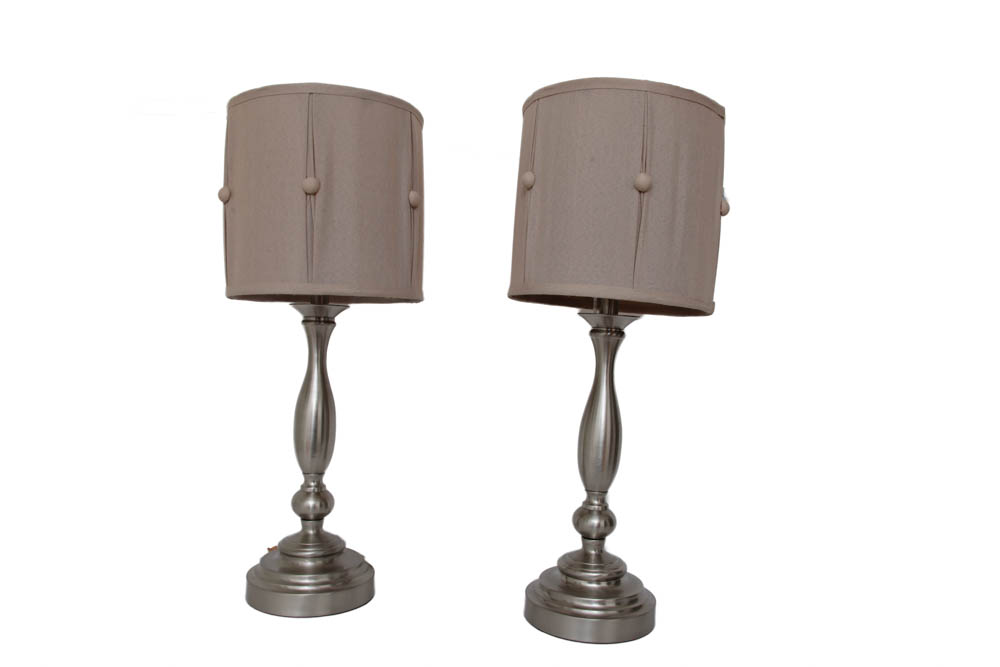 Pair of Silver Toned Table Lamps with Drum Shades