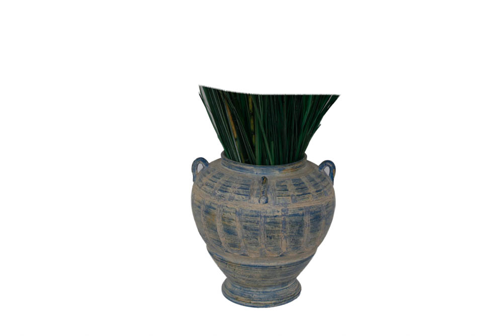 Blue and Beige Urn with Decorative Green Bamboo