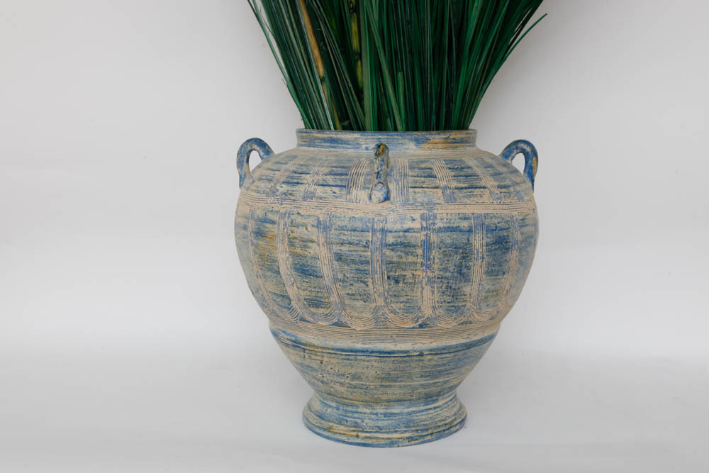 Blue and Beige Urn with Decorative Green Bamboo