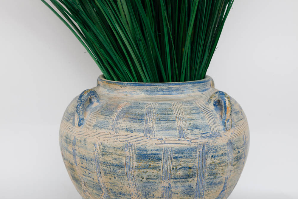 Blue and Beige Urn with Decorative Green Bamboo