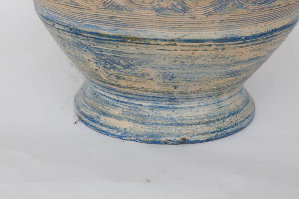 Blue and Beige Urn with Decorative Green Bamboo