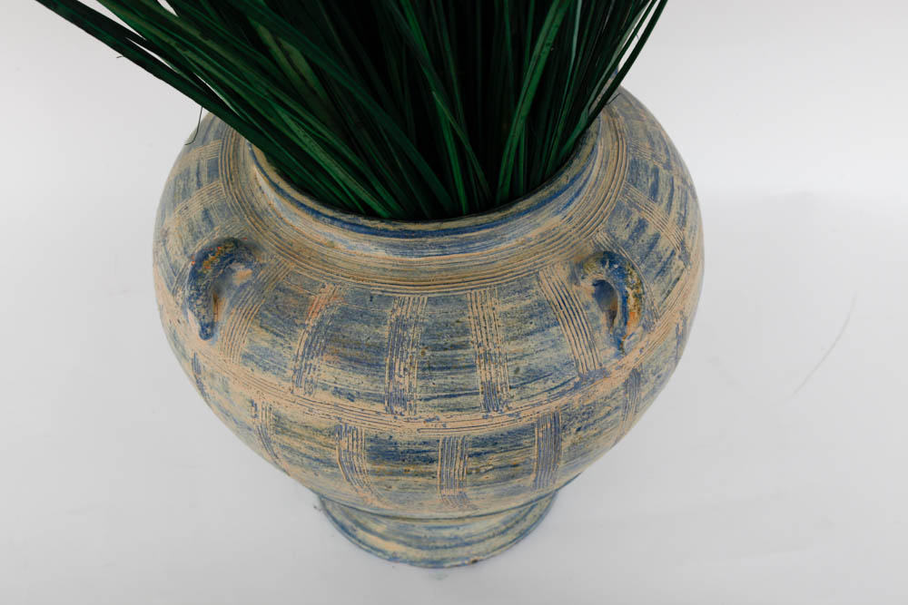 Blue and Beige Urn with Decorative Green Bamboo