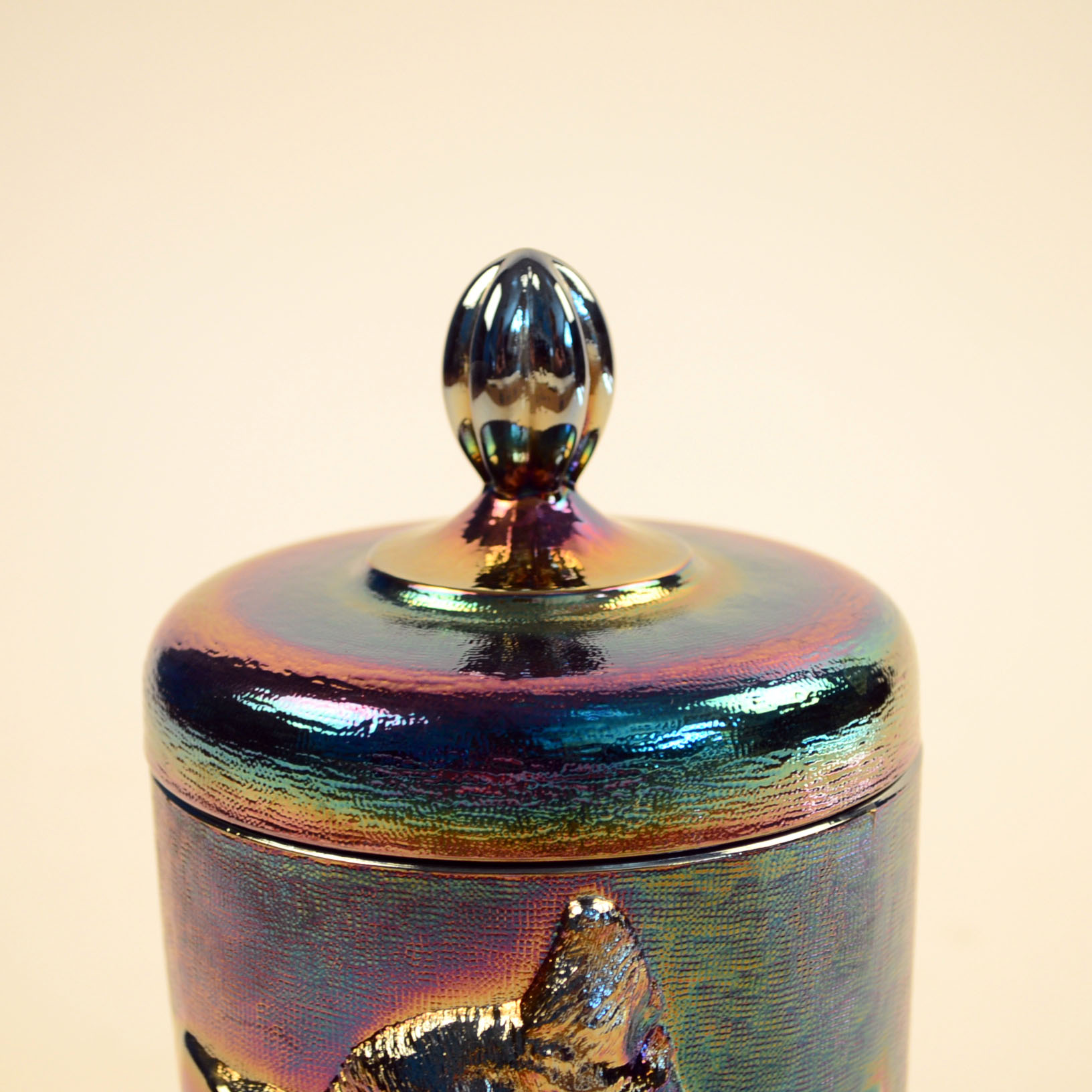 Fenton Blue/ Purple Carnival Glass Jar with Cat Motif