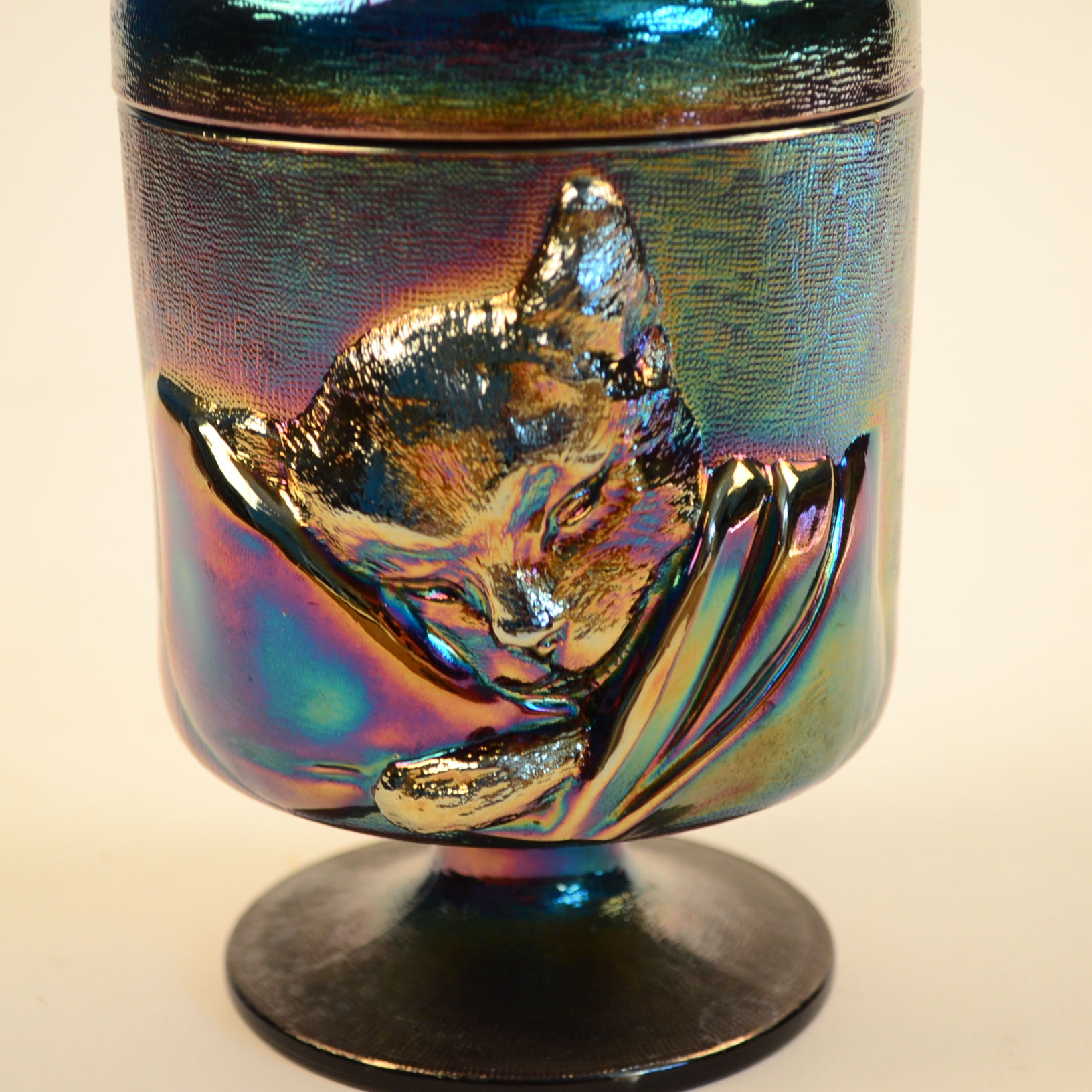 Fenton Blue/ Purple Carnival Glass Jar with Cat Motif